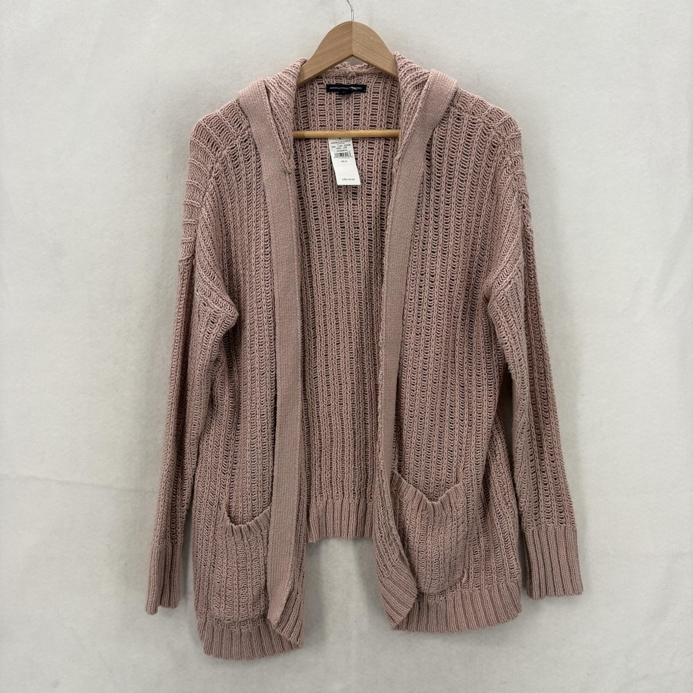 American Eagle Cardigan Sweater Womens Small Pink Hooded Open Knit Pockets NWT